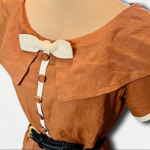 1940s Two Tone Linen Dress, Handmade A-Line, Orange, Cream, Vtg Academia, Sm - Picture 2 of 14